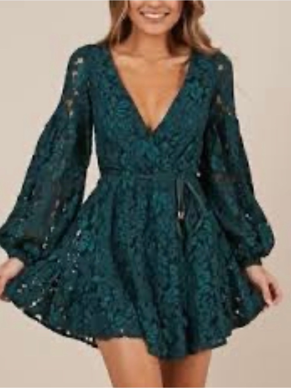 Showpo Autumn Leaves Mini Skater Dress in Teal Lace Size 8